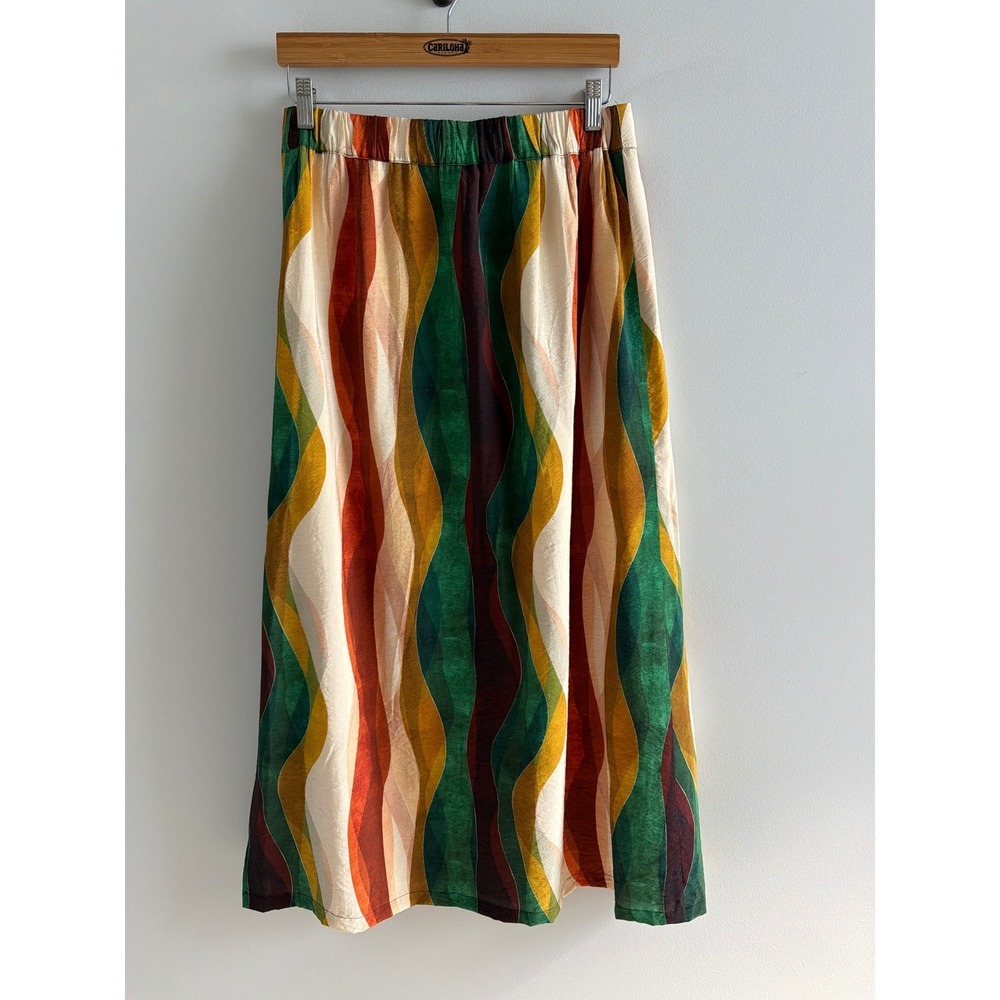 Willa Story Abstract Wavy Print Button Front Midi Skirt Green Rust Gold Large - Picture 3 of 10